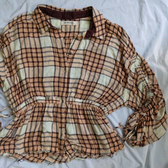 We The Free Pacific Dawn Peach Brown Plaid Button Down Top Boho Women's Shirt L - Picture 4 of 12